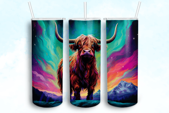 Northern Lights Highland Cow Tumbler PNG